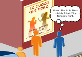 Illustrated stick-figures look at a poster for a nightclub
