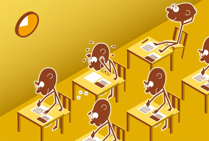 Illustration depicting students in an exam in various states of composure.
