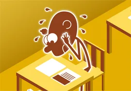 Illustration of stick-person sweating in anxiety during a written exam