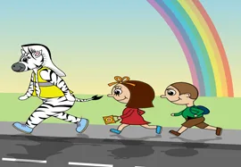Illustration of anthropomorphisised Zebra and two children running along a street